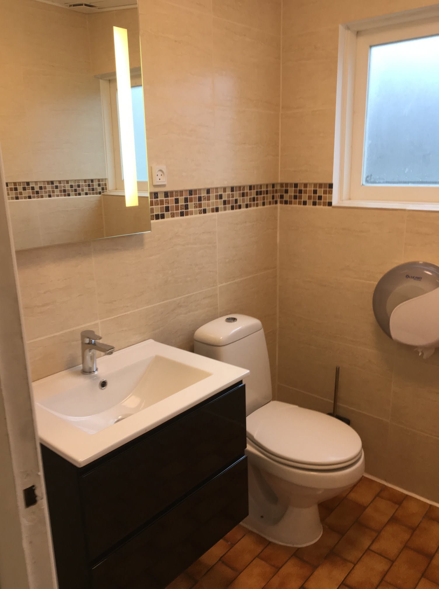 Herrenbereich mit Toilette und Waschbecken bei Løkken Maritime Naturcamp